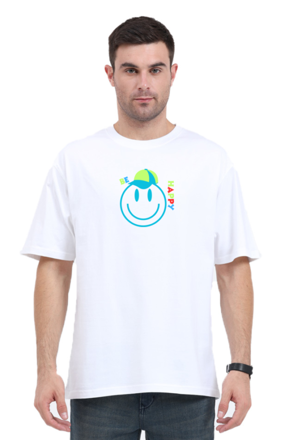 MENS OVERSIZED PURE COTTON BIO WASHED SMILEY GRAPHIC T-SHIRT